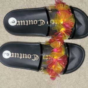 Juicy Couture Black Slide Sandals with Pink & Yellow Floral Details...like New